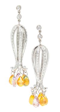 A Pair of White Gold, Diamond and Multicolored Sapphire Pendant Earrings, 8.10 dwts.
