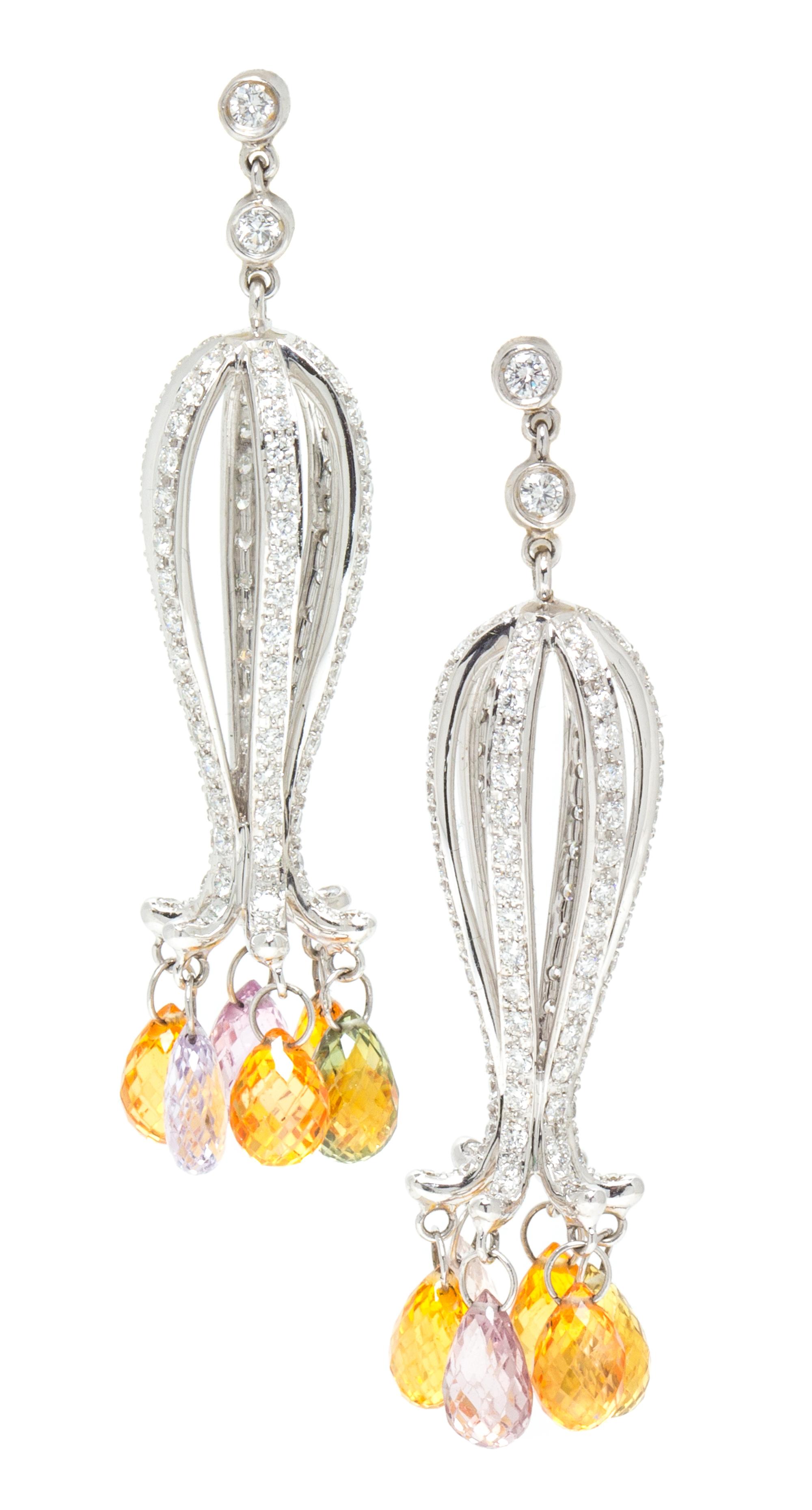 A Pair of White Gold, Diamond and Multicolored Sapphire Pendant Earrings, 8.10 dwts.