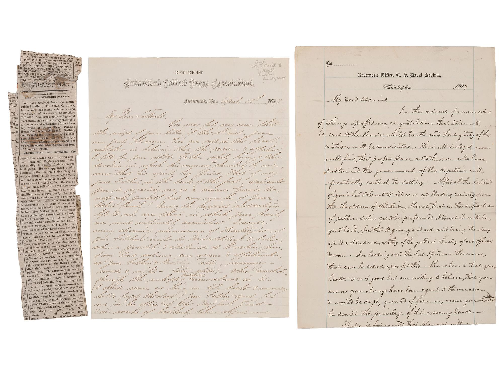 [US NAVY]. TATTNALL, Commodore Josiah (1795-1871). Correspondence from Josiah Tattnall III to his longtime friend Commodore Hiram Paulding, 1830s-1850s. [ With: ] Paulding's manuscript account of their friendship.