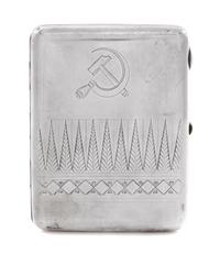 A Russian Silver Cigarette Case, Soviet Artel mark OKhA, Moscow, early 20th century, the lid engraved with a Soviet hammer and sickle a