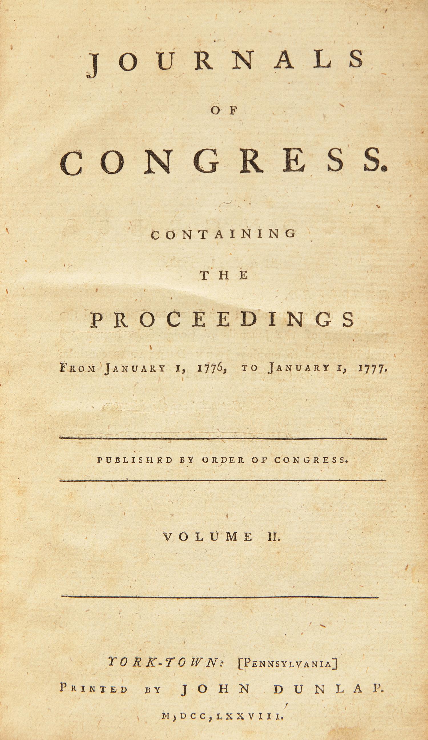 [American Revolution] Journals of Congress. Containing the Proceedings from January 1, 1776, to January 1, 1777. Published by Order of Congress. Volume II