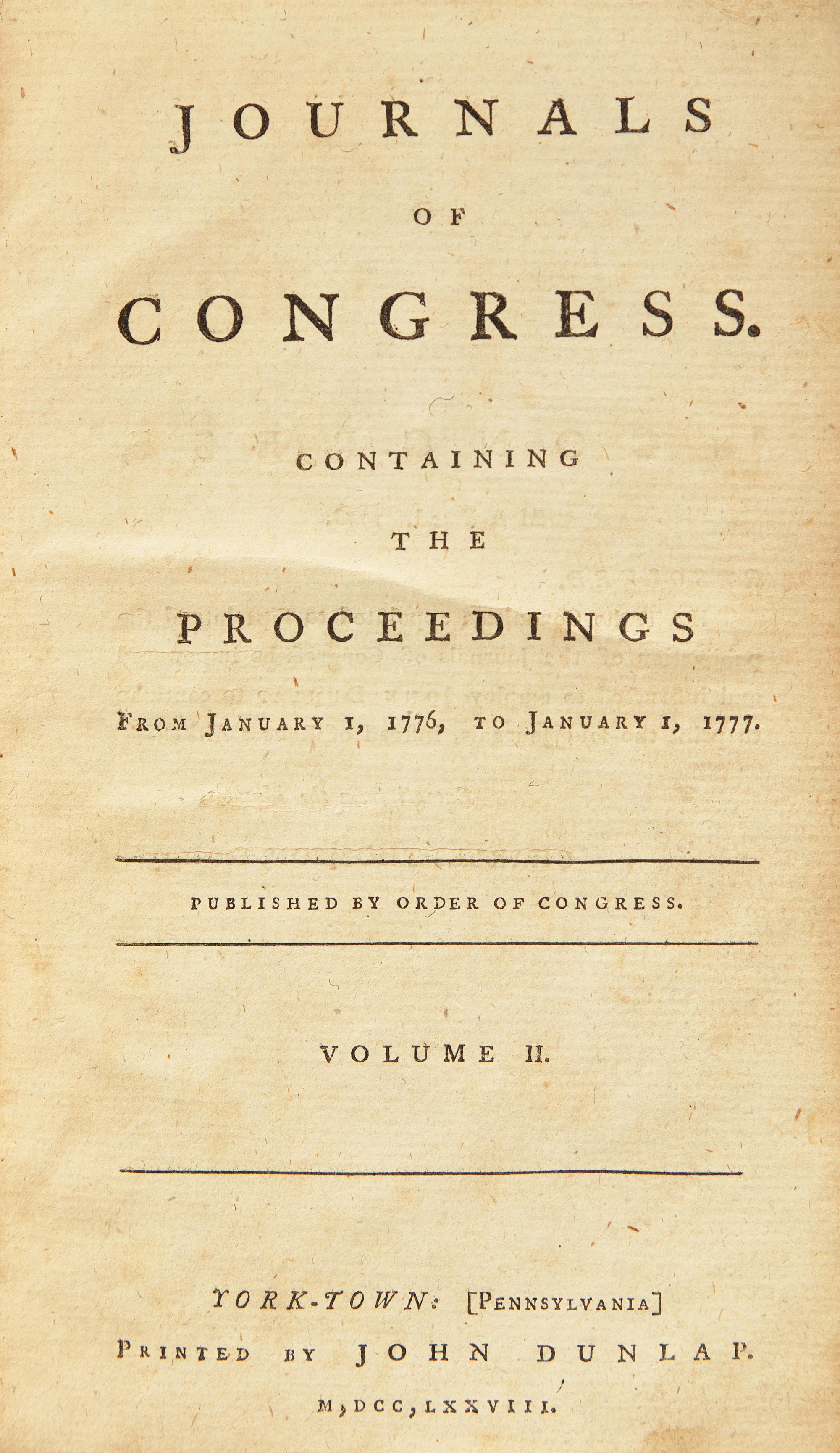 [American Revolution] Journals of Congress. Containing the Proceedings from January 1, 1776, to January 1, 1777. Published by Order of Congress. Volume II