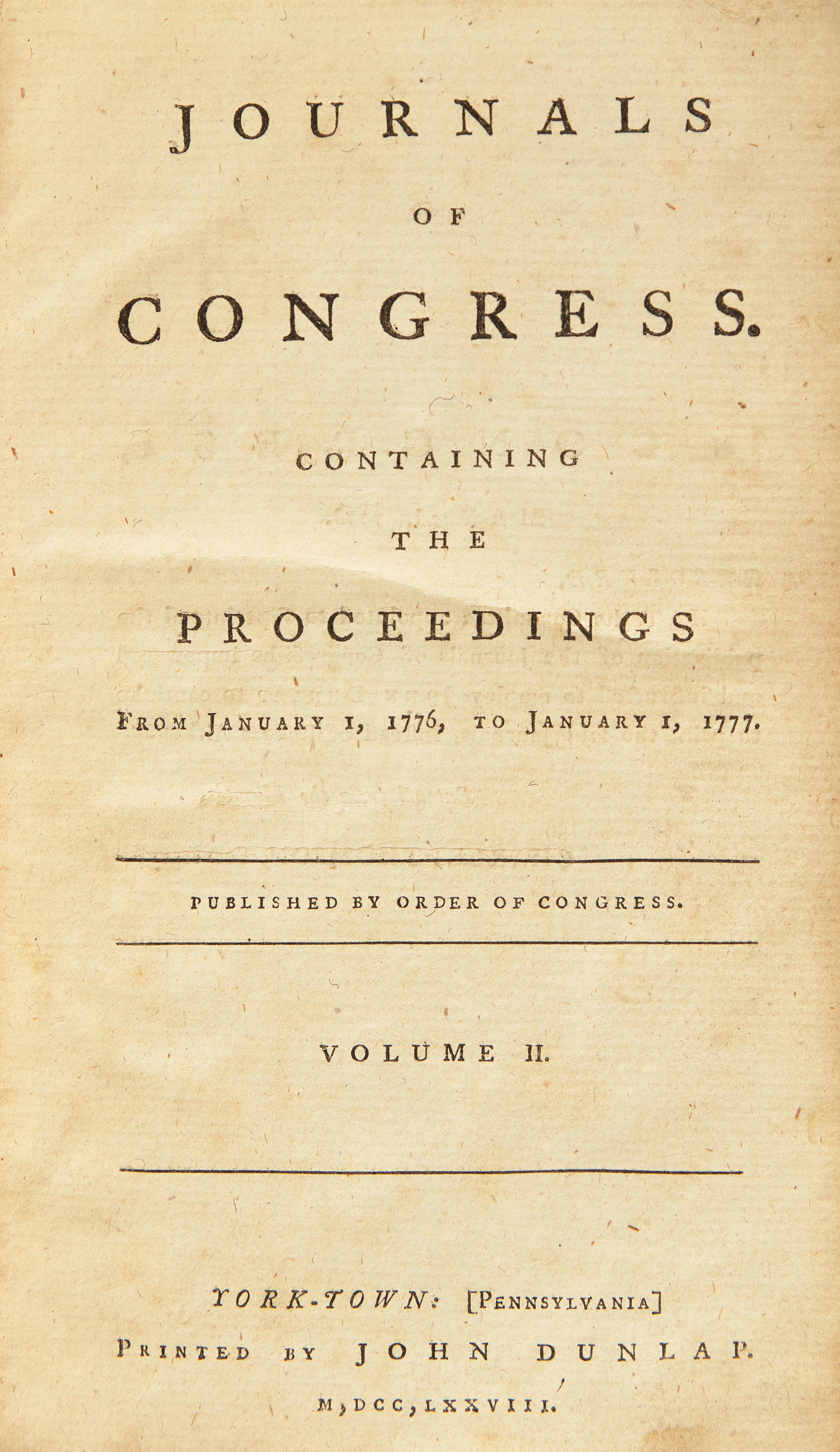 [American Revolution] Journals of Congress. Containing the Proceedings from January 1, 1776, to January 1, 1777. Published by Order of Congress. Volume II