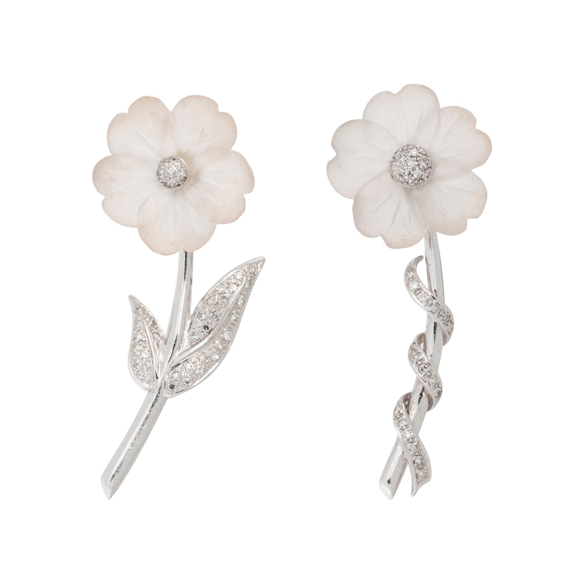 PAIR OF WHITE GOLD, ROCK CRYSTAL AND DIAMOND FLOWER BROOCHES