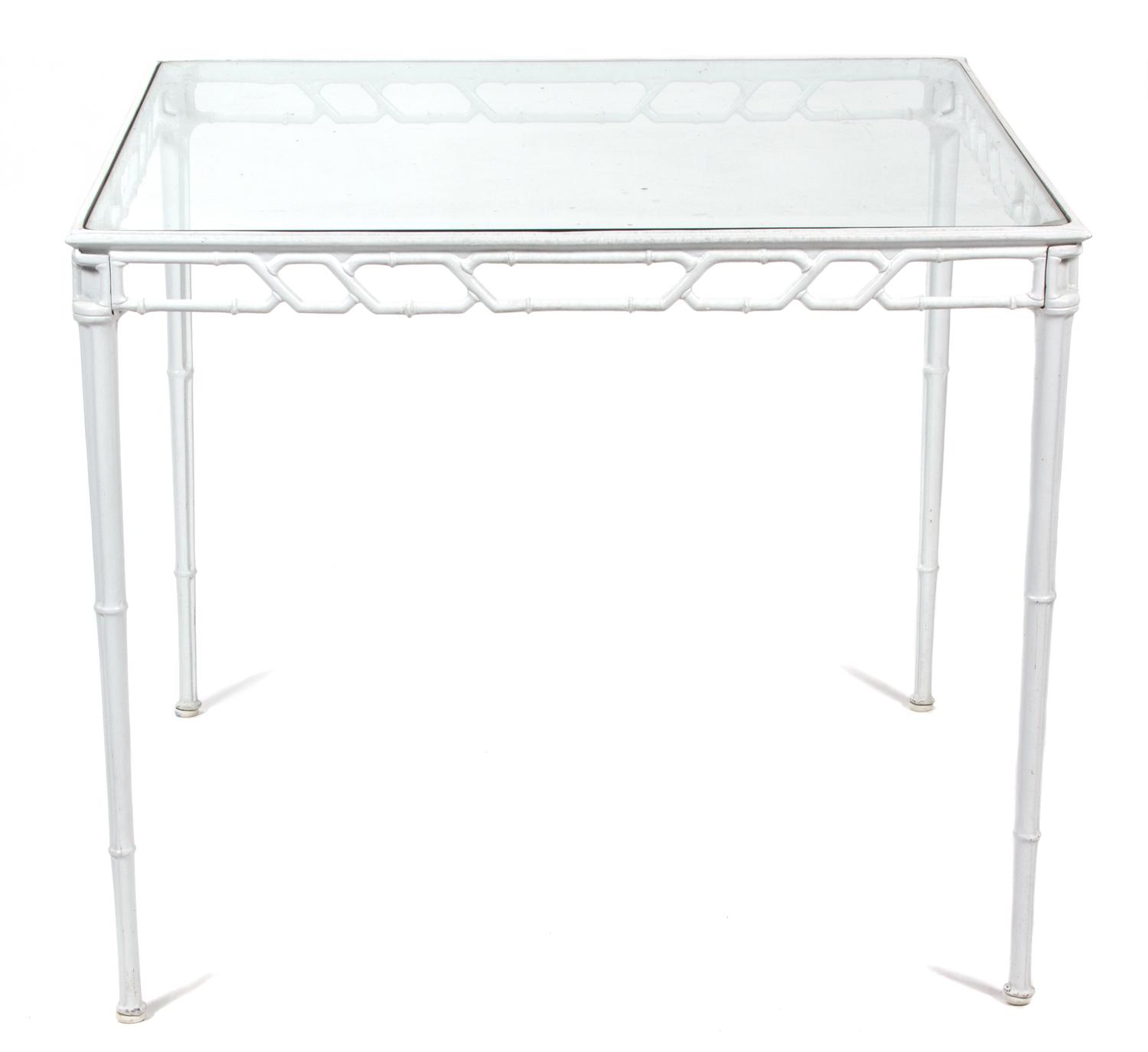 A Chinese Chippendale Style Painted Aluminum Glass Top Table Height 29 1/2 x width 35 x depth 35 inches. — 20TH CENTURY