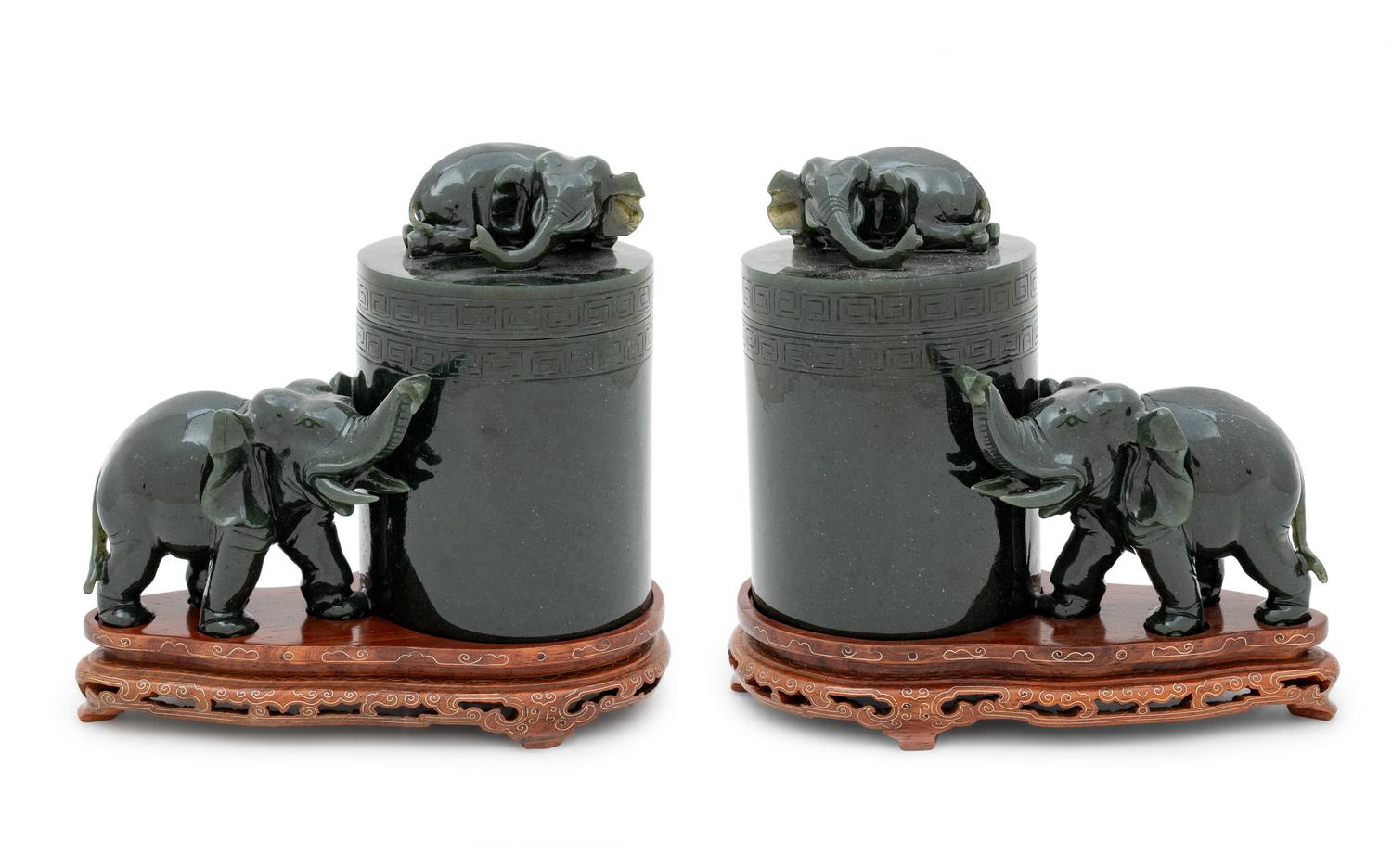A Pair of Chinese Dark Green Hardstone Boxes and Covers