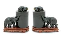 A Pair of Chinese Dark Green Hardstone Boxes and Covers