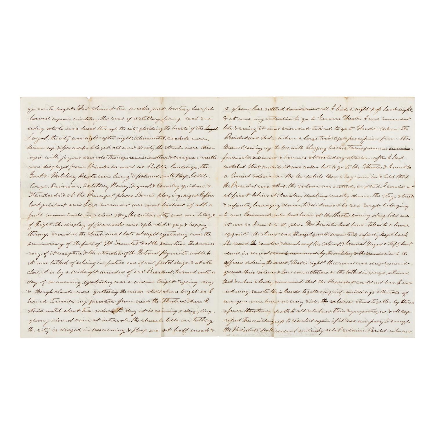 [LINCOLN ASSASSINATION]. THOMAN, John Adam (1838-1906). Autograph letter signed ("J. Thoman") to Henrietta Thoman, Washington, D.C., 15 April 1865.
