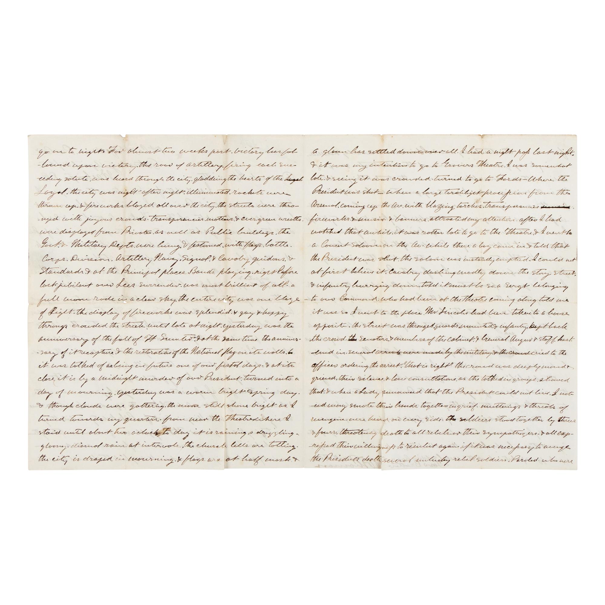 [LINCOLN ASSASSINATION]. THOMAN, John Adam (1838-1906). Autograph letter signed ("J. Thoman") to Henrietta Thoman, Washington, D.C., 15 April 1865.