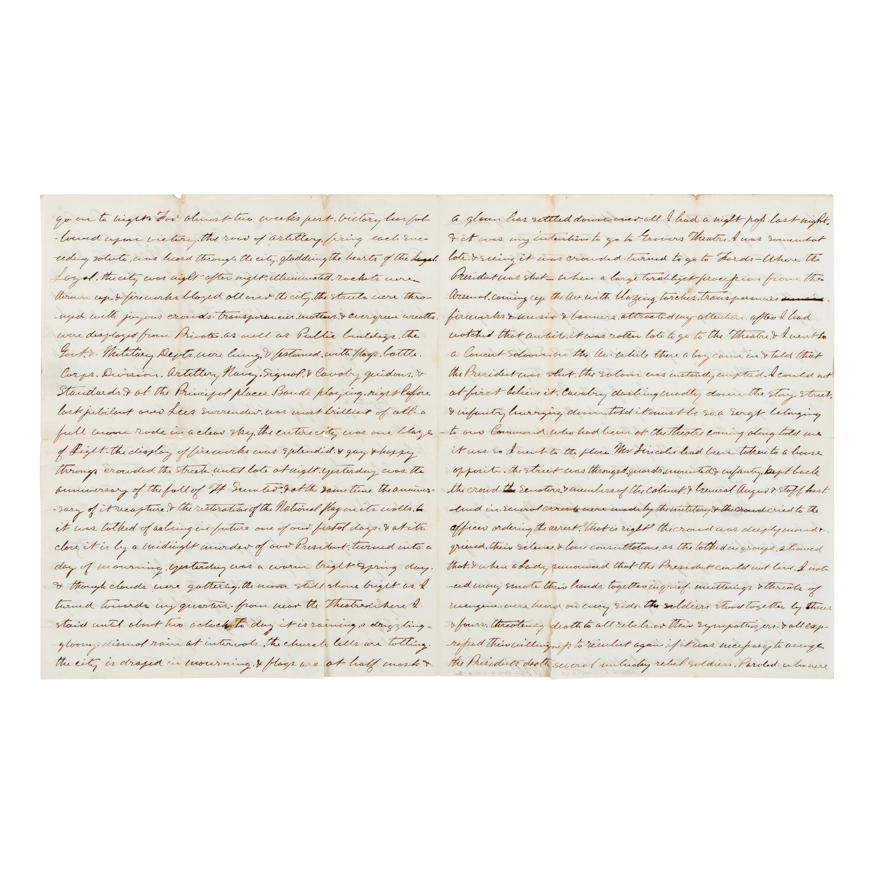 [LINCOLN ASSASSINATION]. THOMAN, John Adam (1838-1906). Autograph letter signed ("J. Thoman") to Henrietta Thoman, Washington, D.C., 15 April 1865.