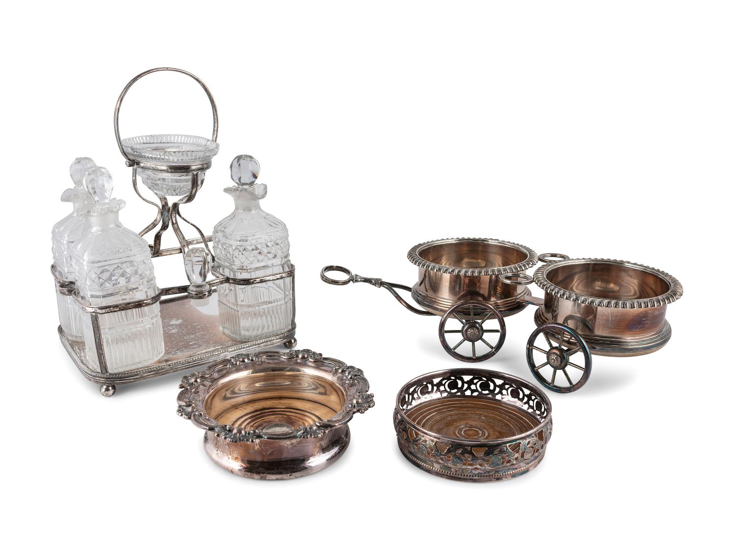An English Silverplate Wine Trolley, Decanter Caddy, and Two Coasters