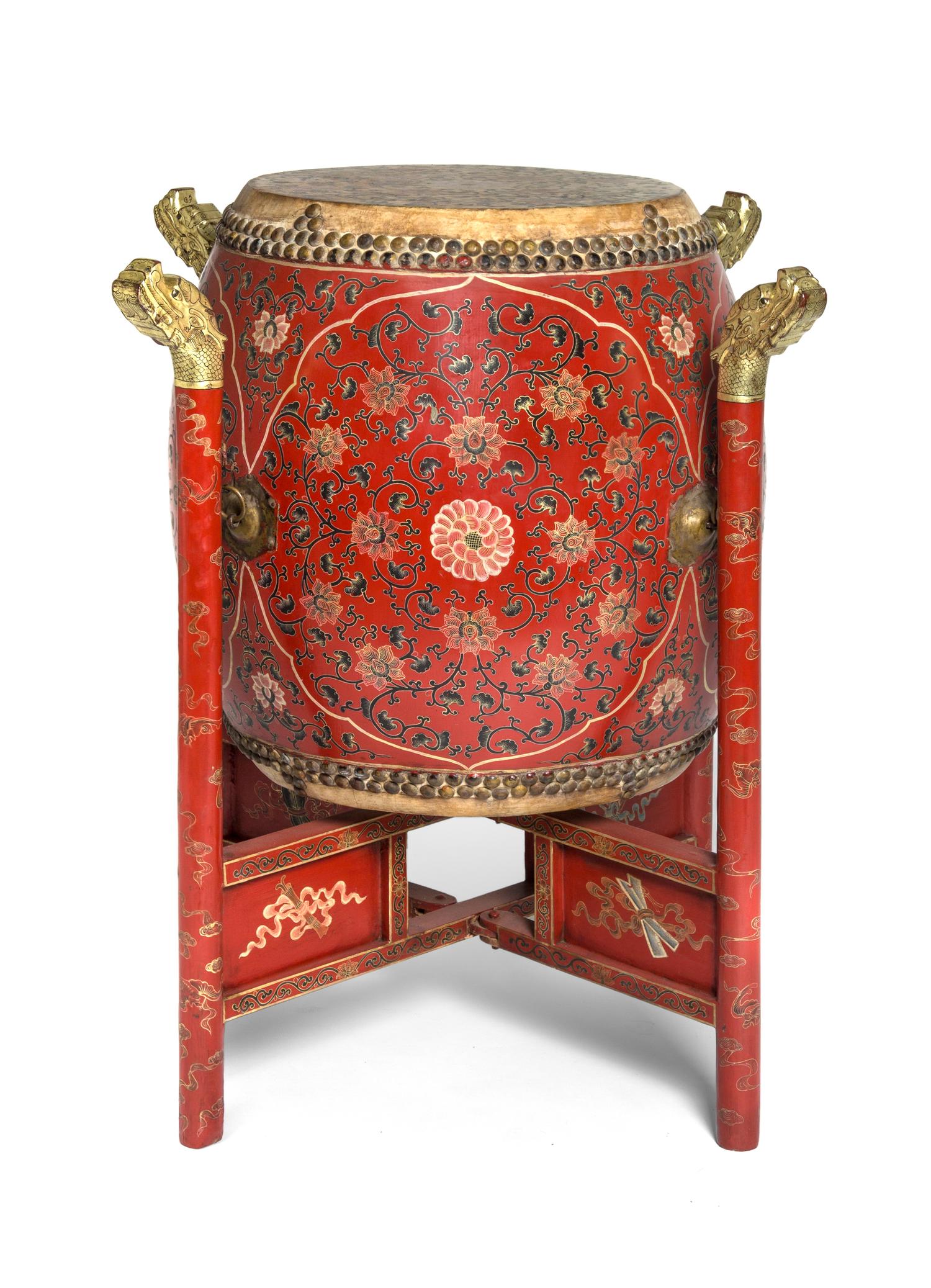 A Chinese Lacquer Drum on Stand