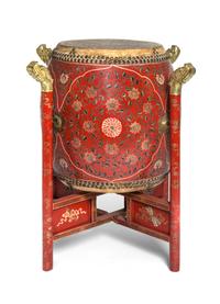 A Chinese Lacquer Drum on Stand