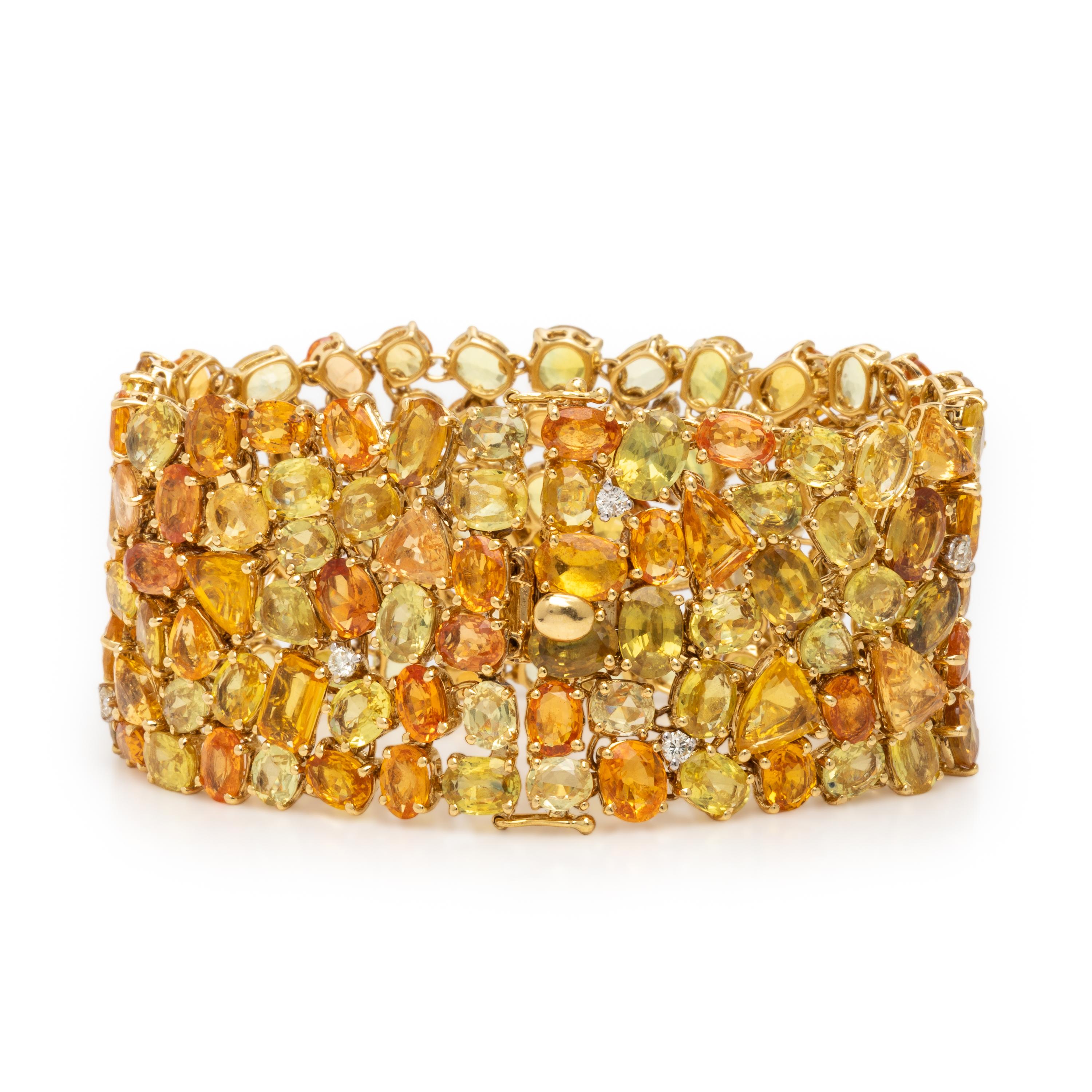 Yellow and Orange Sapphire, Diamond, and Yellow Gold Bracelet
