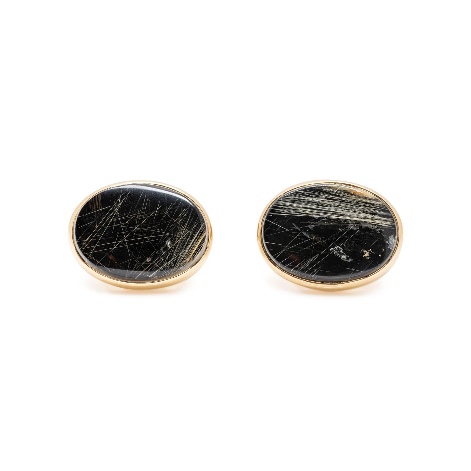 YELLOW GOLD AND ONYX-BACKED RUTILATED QUARTZ CUFFLINKS