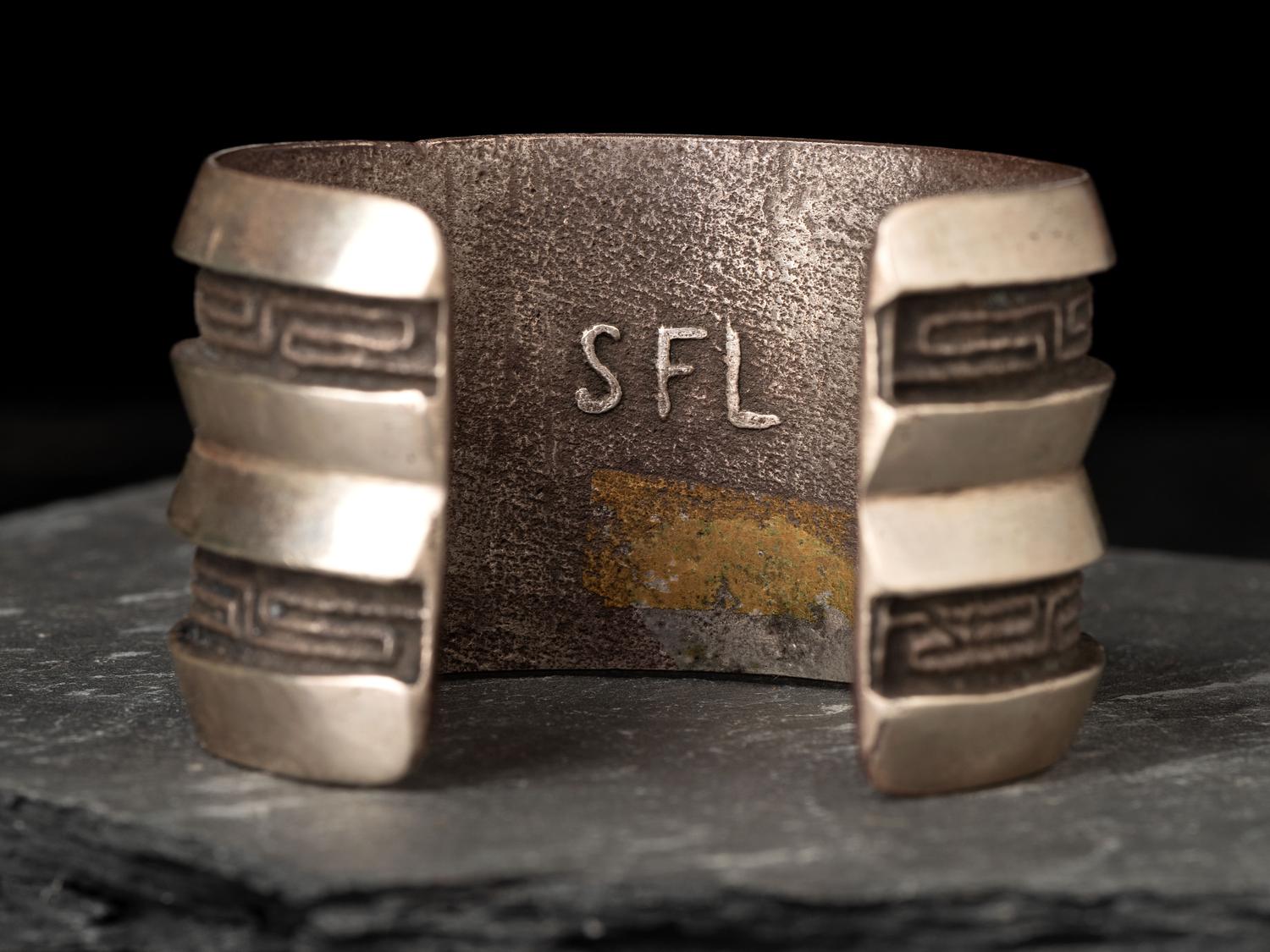 Turquoise and Coral Channel Inlaid Tufa Cast Silver Cuff Bracelet
