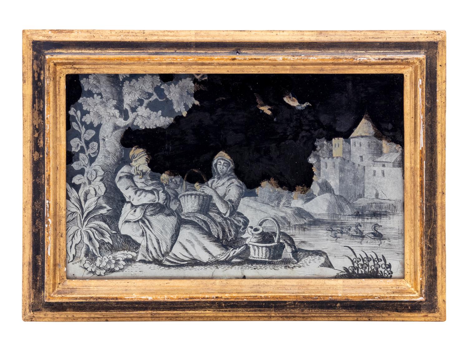 Two Dutch Silvered Verre Églomisé Plaques