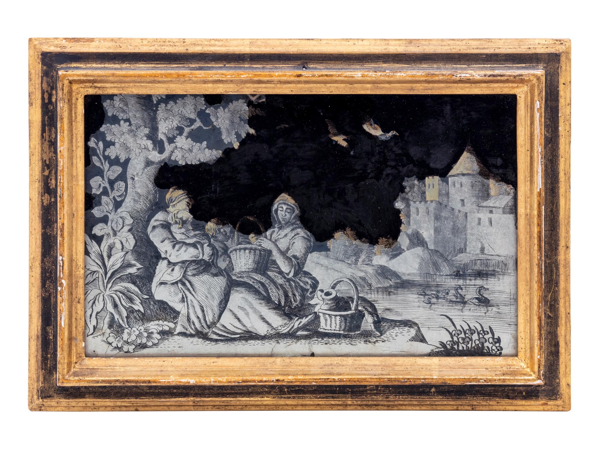 Two Dutch Silvered Verre Églomisé Plaques