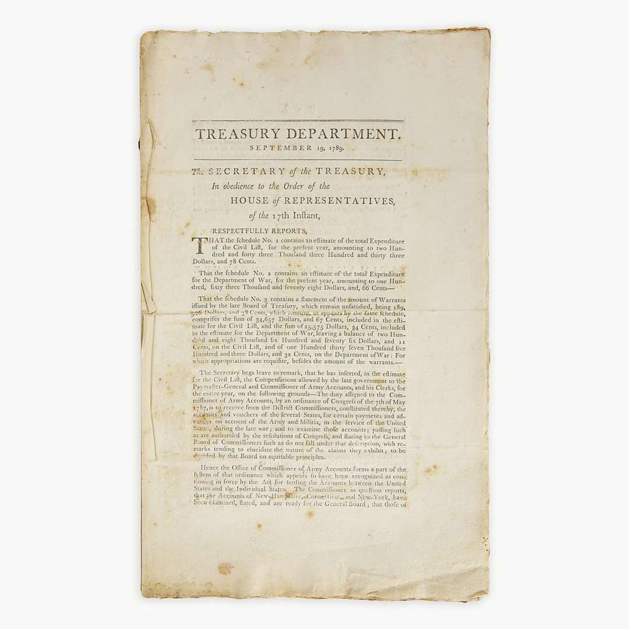 [Hamilton, Alexander] [Treasury Department] Treasury Department. September 19, 1789. The Secretary of the Treasury, In obedience to the Order of the House of Representatives, of the 17th Instant, Respectfully Reports...