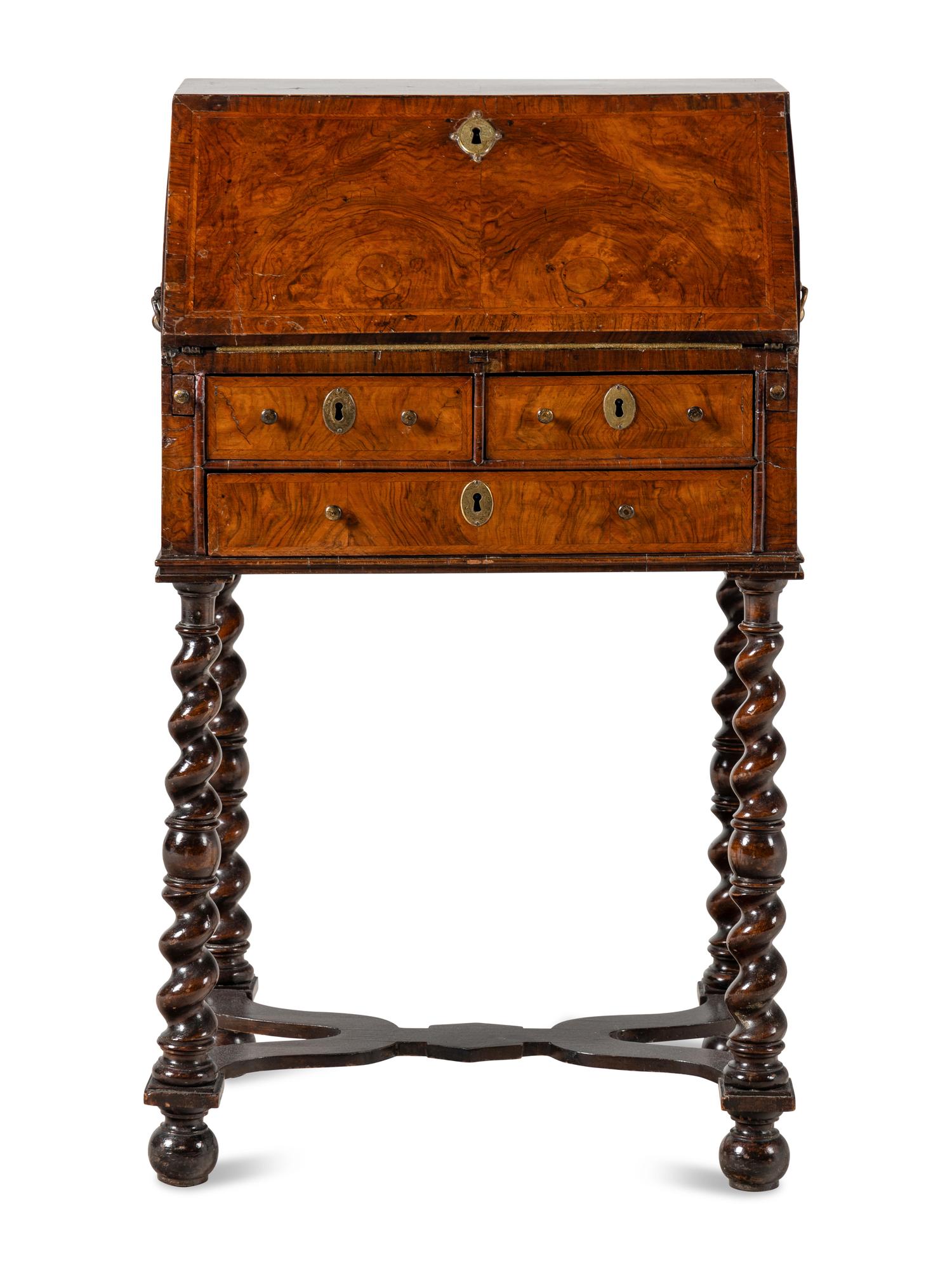 A William and Mary Walnut Slant-Front Bureau on Later Stand