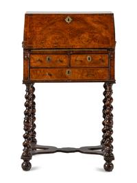 A William and Mary Walnut Slant-Front Bureau on Later Stand