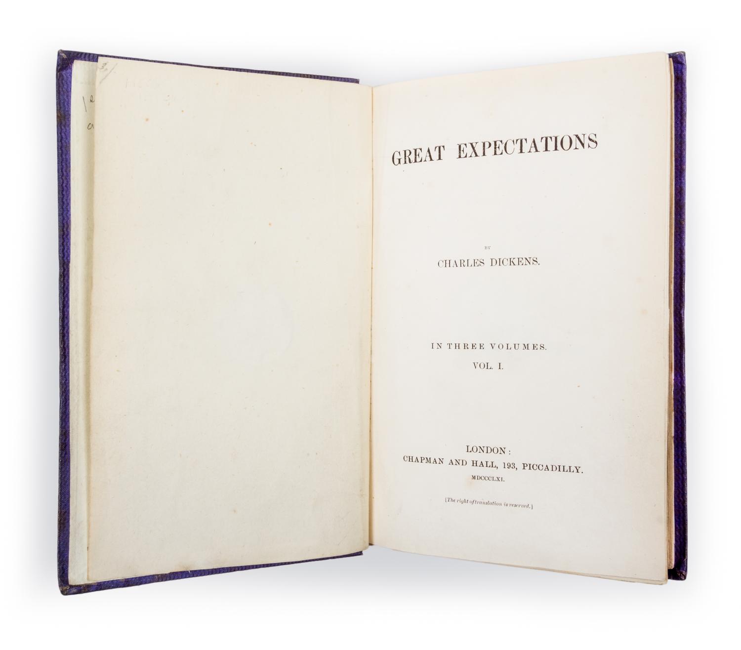 DICKENS, CHARLES. Great Expectations. London, 1861. First edition. 3 vols.