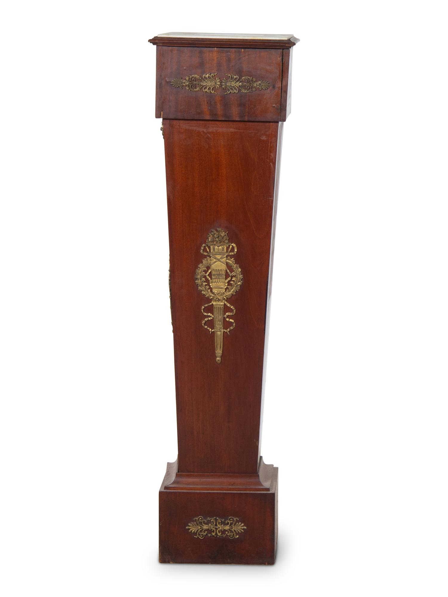 An Empire Style Gilt Metal Mounted Walnut Marble-Top Pedestal