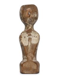 A Folk Art Carved, Painted and Glass Inset Wood Doll "Bed Post" Figure