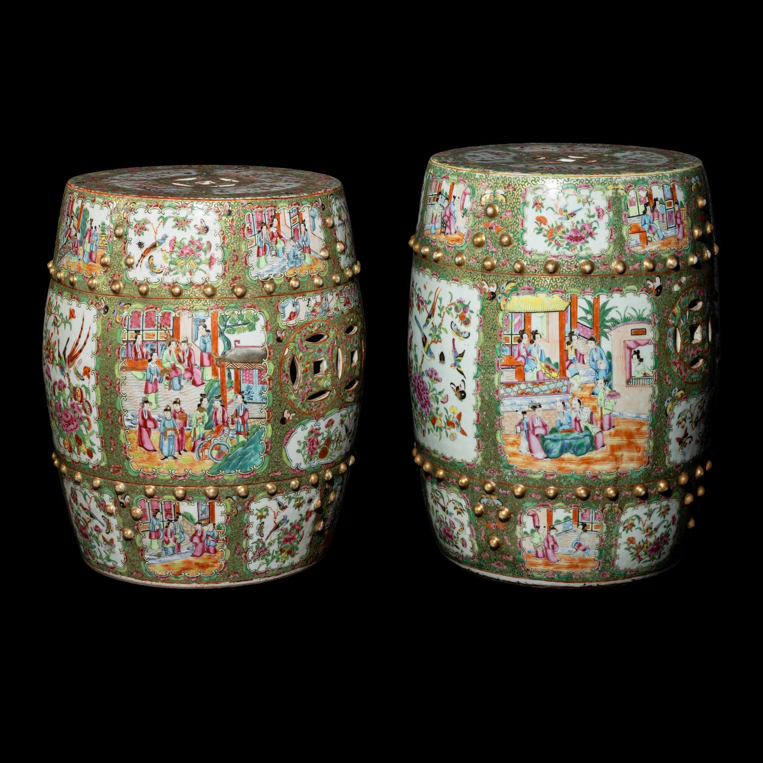 A Near Pair of Chinese Rose Medallion Garden Stools, Second Half 19th Century 清晚期 廣彩鼓凳兩隻