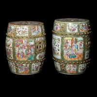 A Near Pair of Chinese Rose Medallion Garden Stools, Second Half 19th Century 清晚期 廣彩鼓凳兩隻