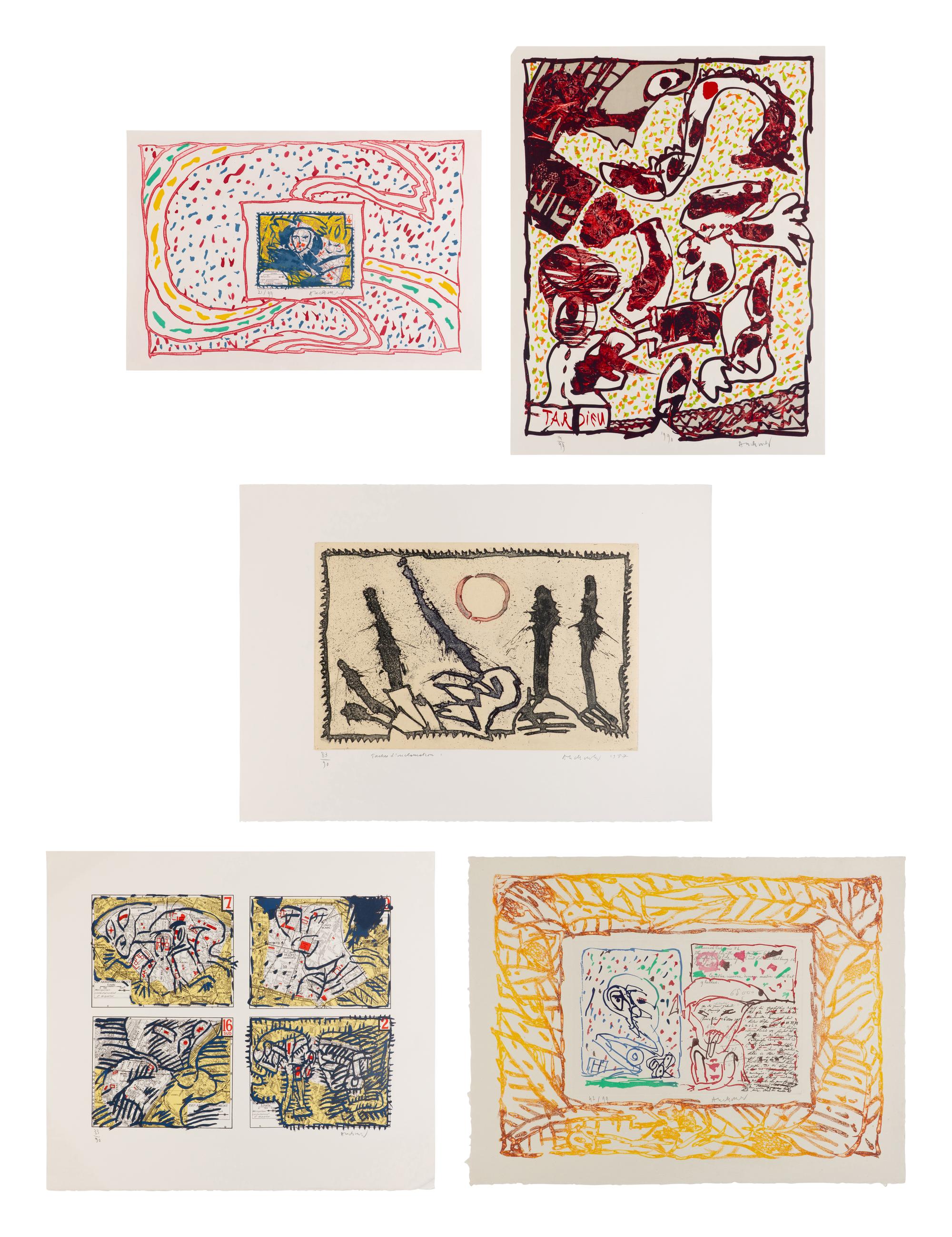 Tardieu, Dame Taride, Taches d'exclamation, Quatre arrondissements, and Le Layetier (5 works), ca. 1982-1990