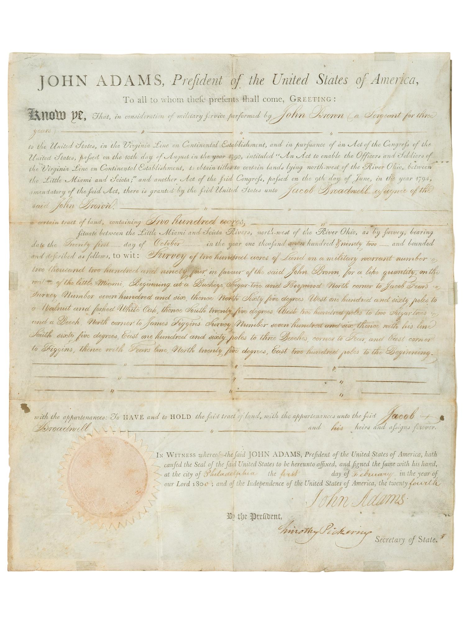 ADAMS, John (1735-1826). Partially engraved document accomplished in a secretarial hand signed ("John Adams") as President, countersigned by Secretary of State Timothy Pickering, 1 February 1800.