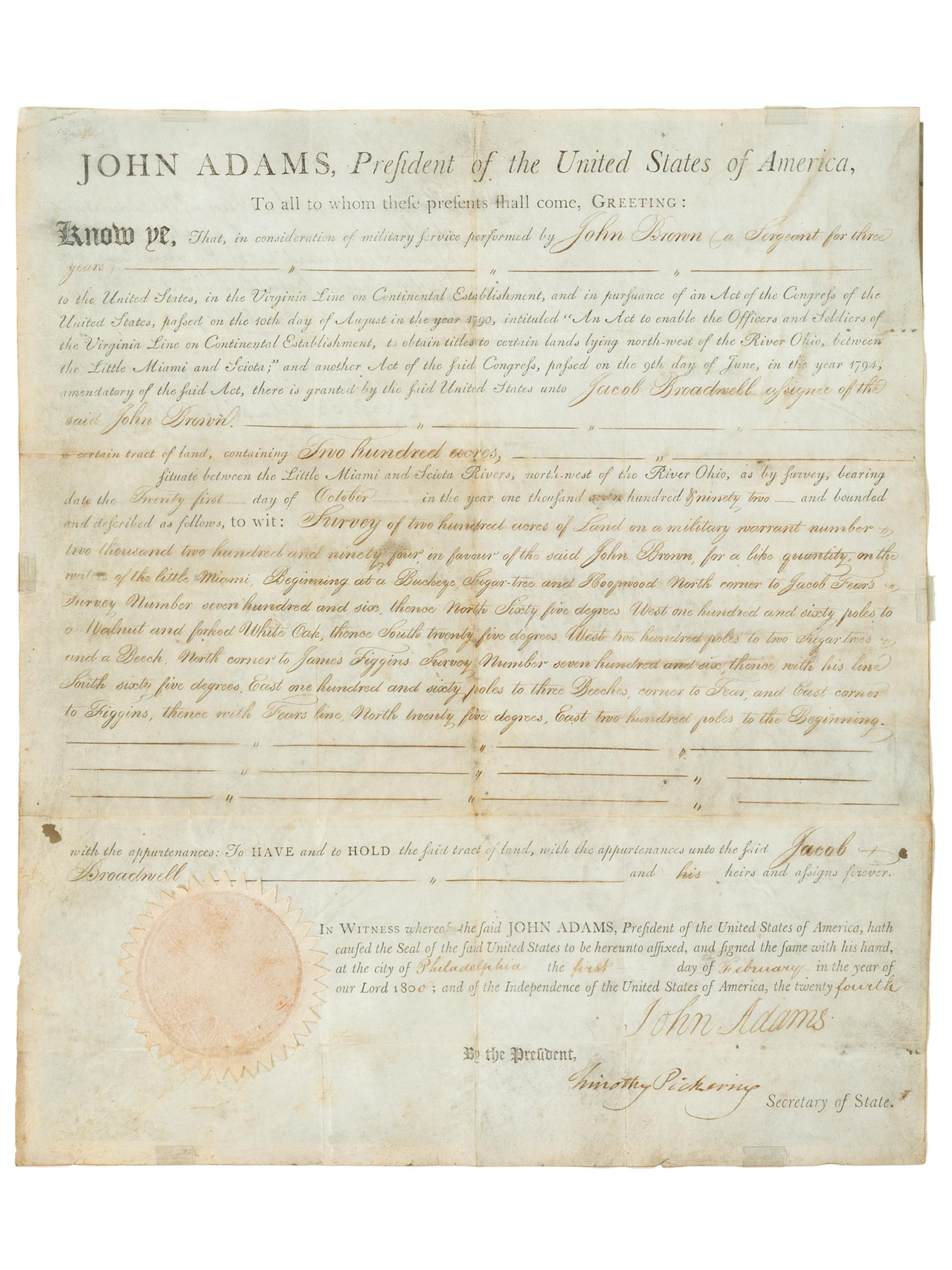 ADAMS, John (1735-1826). Partially engraved document accomplished in a secretarial hand signed ("John Adams") as President, countersigned by Secretary of State Timothy Pickering, 1 February 1800.
