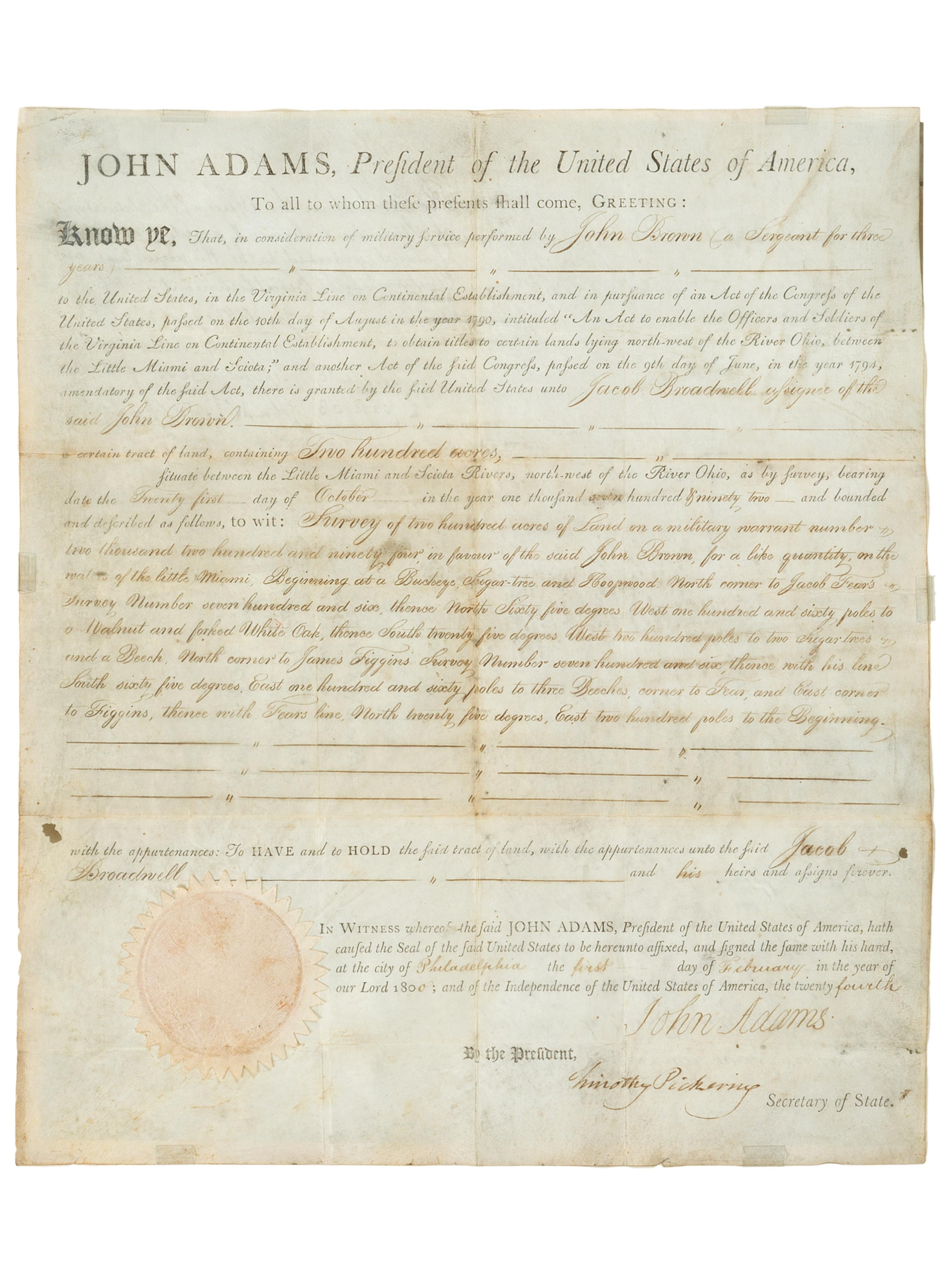 ADAMS, John (1735-1826). Partially engraved document accomplished in a secretarial hand signed ("John Adams") as President, countersigned by Secretary of State Timothy Pickering, 1 February 1800.