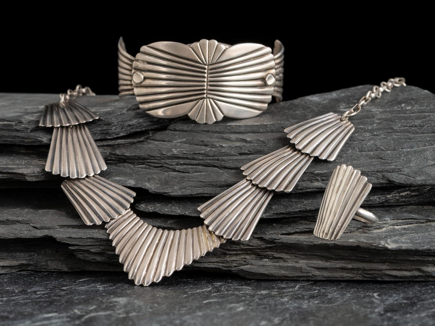Sterling Silver Necklace, Cuff Bracelet, and Ring
