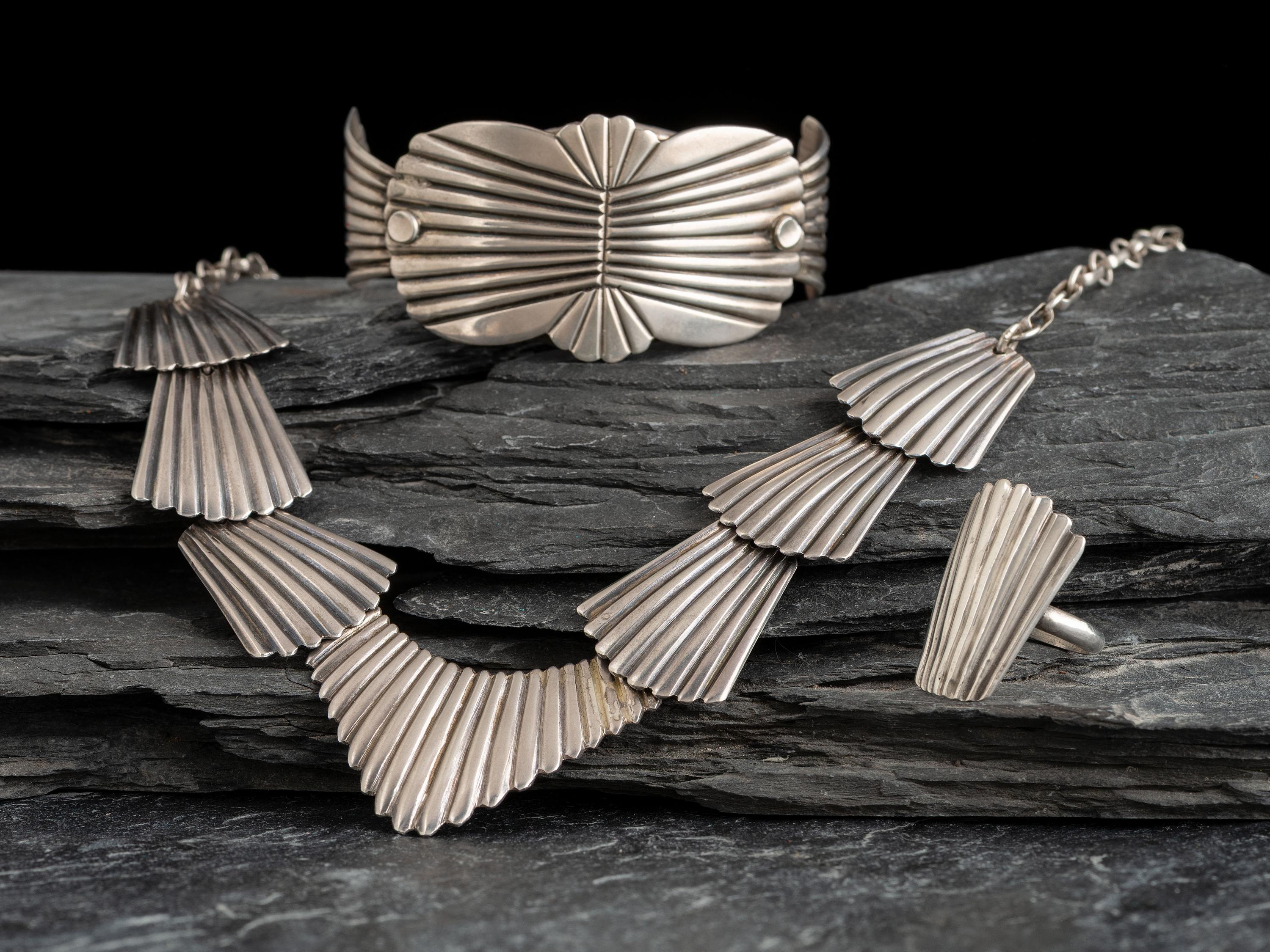 Sterling Silver Necklace, Cuff Bracelet, and Ring