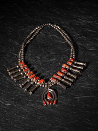 Navajo Silver and Coral Squash Blossom Necklace