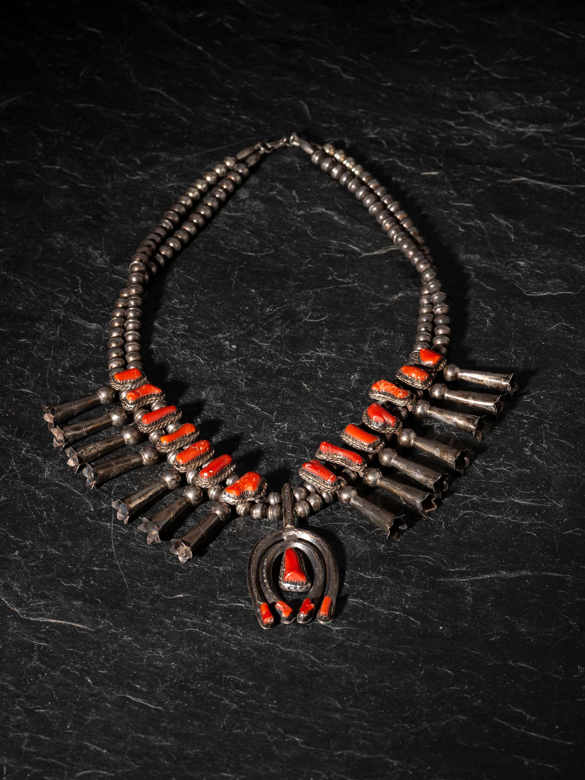 Navajo Silver and Coral Squash Blossom Necklace