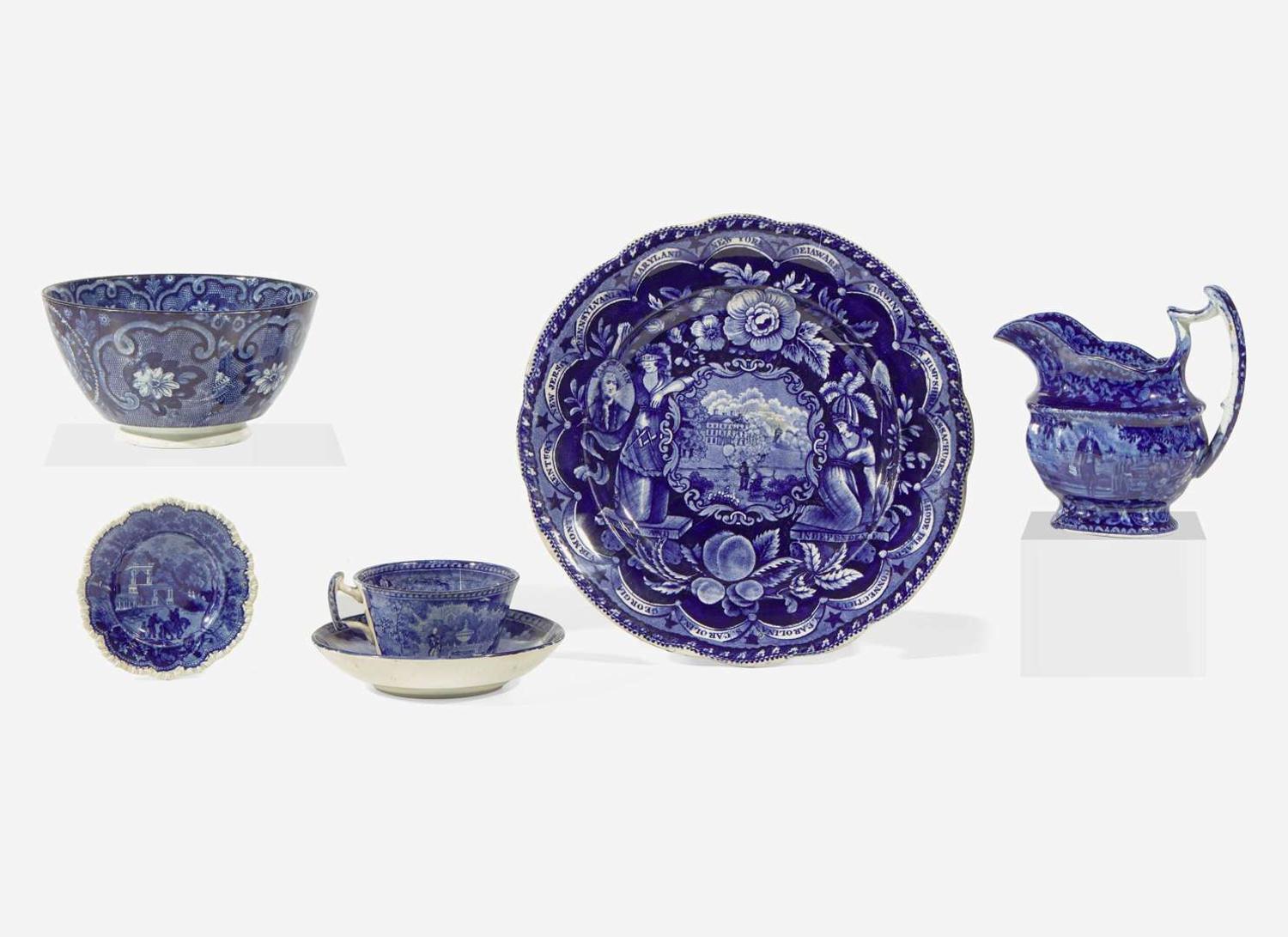 A group of six Staffordshire Historical Blue tablewares, England, first half 19th century