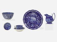 A group of six Staffordshire Historical Blue tablewares, England, first half 19th century