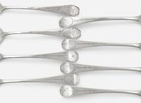 A group of eight Federal silver coffin-end tablespoons, Thomas Baker Burger (active 1805-1806), New York, NY, and maker "HG," circa 1805