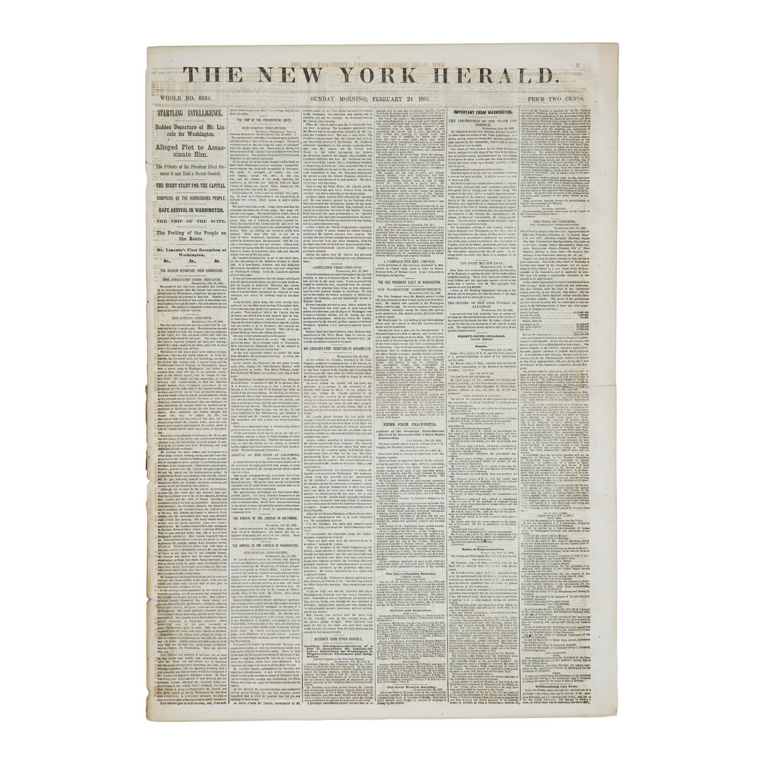[Lincoln, Abraham]. The First Conspiracy to Assassinate Abraham Lincoln, Breaking News in The New York Herald , 1861
