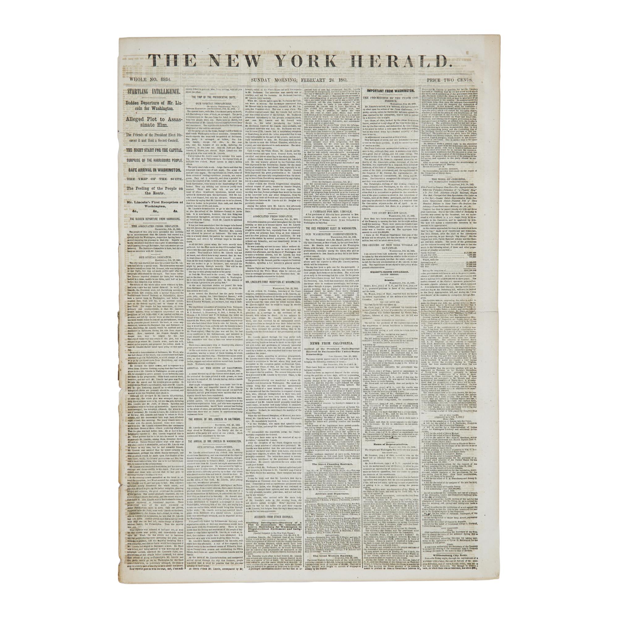 [Lincoln, Abraham]. The First Conspiracy to Assassinate Abraham Lincoln, Breaking News in The New York Herald , 1861