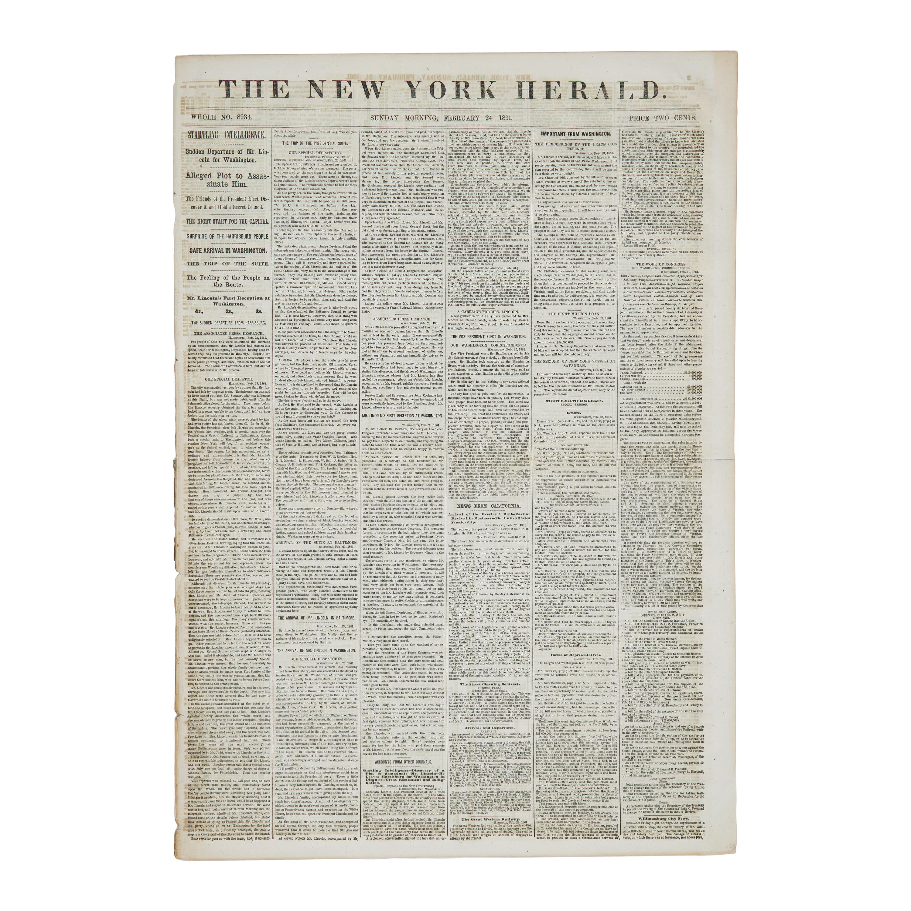 *[Lincoln, Abraham]. The First Conspiracy to Assassinate Abraham Lincoln, Breaking News in The New York Herald , 1861