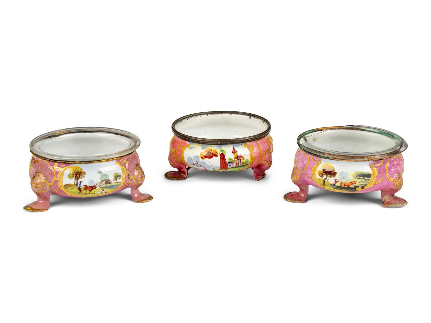 Three Staffordshire Enamel Salt Cellars