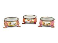 Three Staffordshire Enamel Salt Cellars