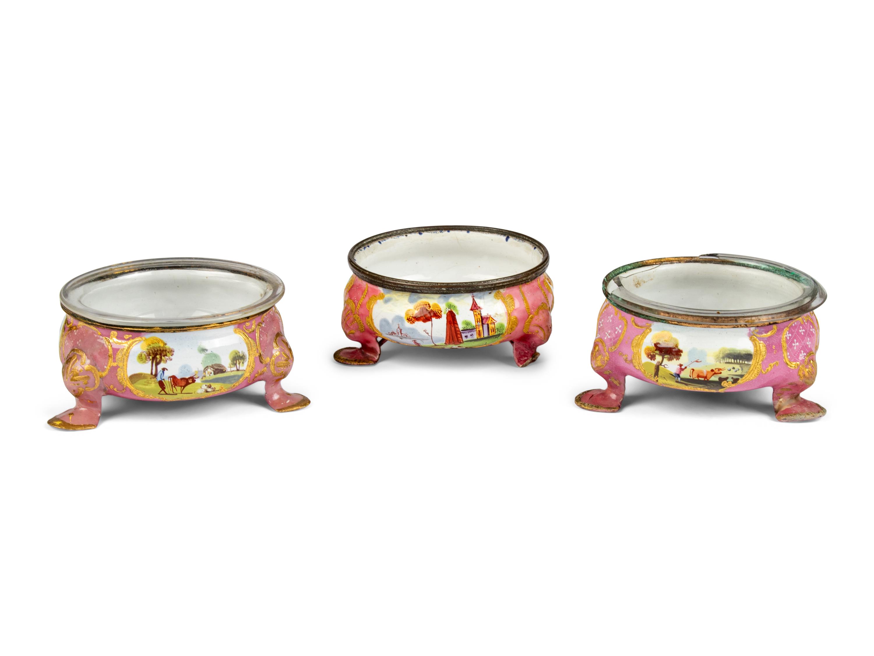 Three Staffordshire Enamel Salt Cellars
