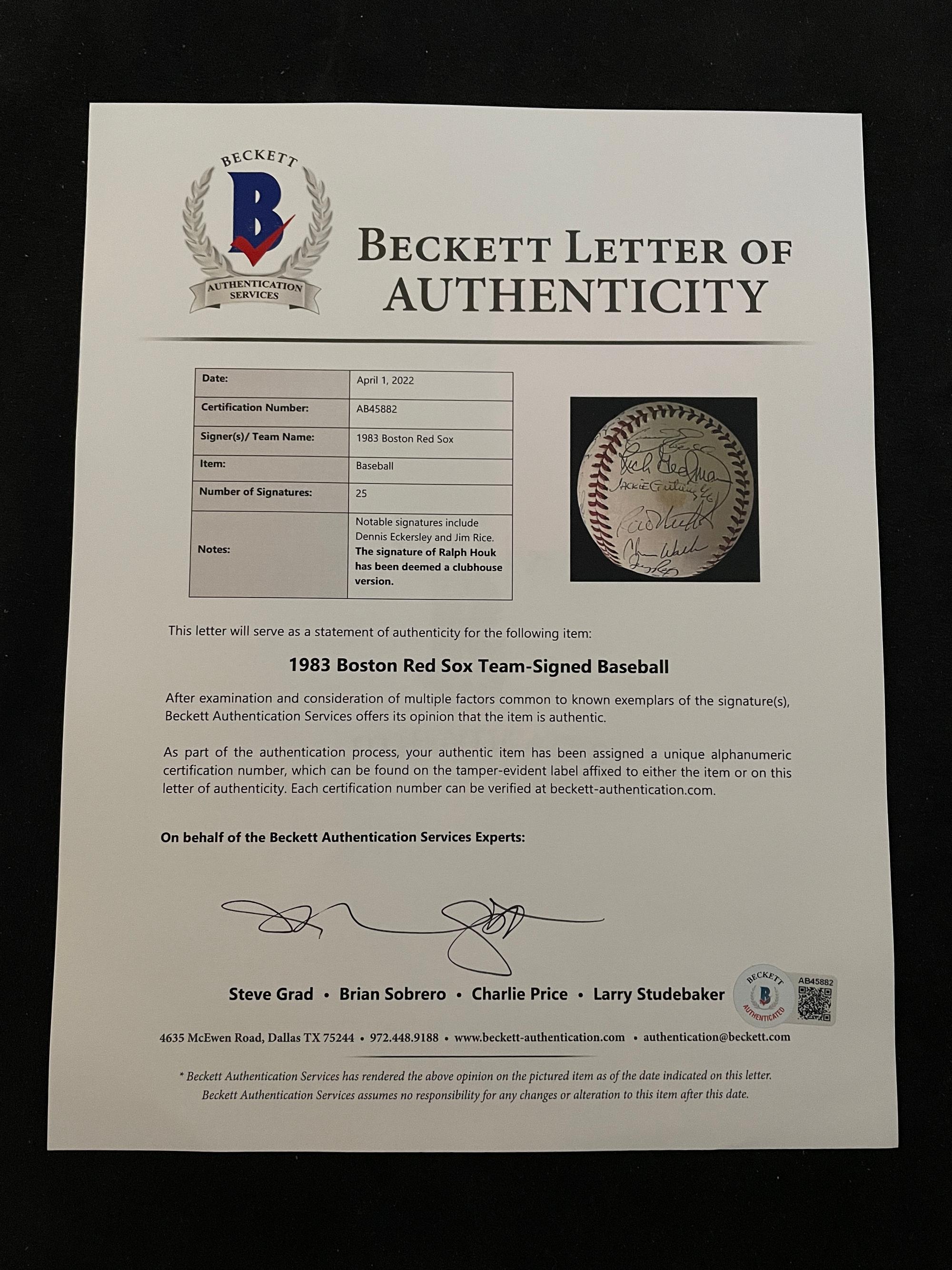 A 1983 Boston Red Sox Team Signed Autograph Baseball with 25 Signatures (Beckett Authentication Services Letter BAS Certified),
