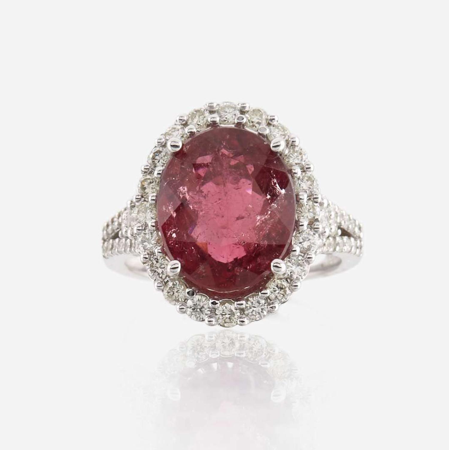 A pink tourmaline, diamond, and white gold ring