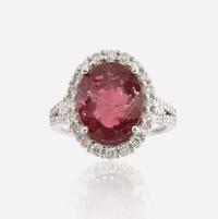 A pink tourmaline, diamond, and white gold ring